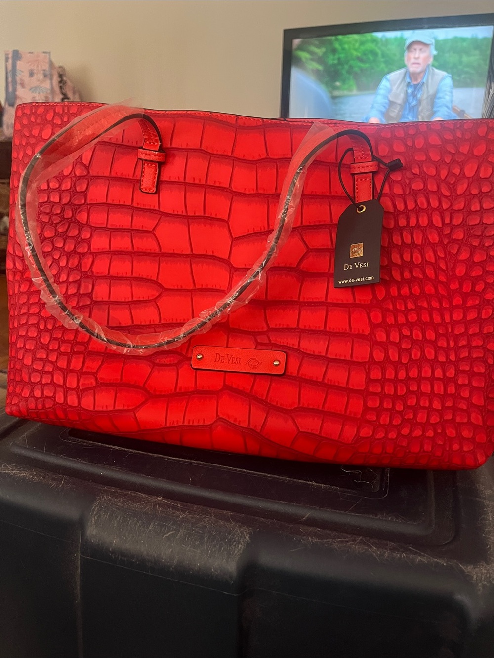 Red Croc-Embossed Tote Bag, vegan leather